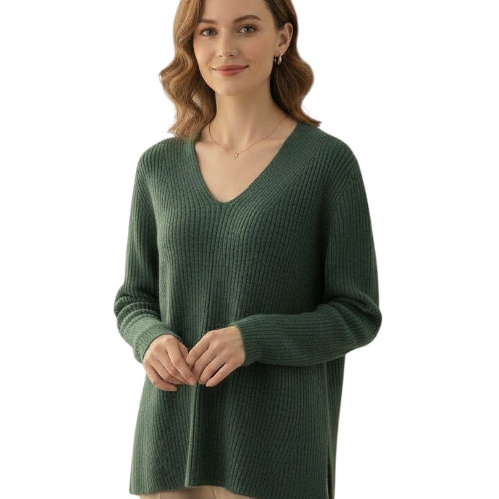 J. McLaughlin Cashmere Wool Blend Ribbed Sweater Forest Green Size Large $428 - Picture 2 of 9